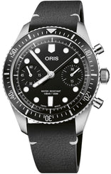 Oris Divers Sixty Five Chronograph Watch with black dial, leather strap, steel case