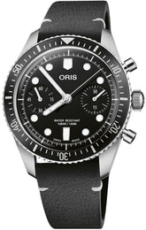 Oris Divers Sixty Five Chronograph Watch with black dial, leather strap, steel case