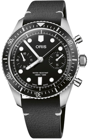 Oris Divers Sixty Five Chronograph Watch with black dial, leather strap, steel case