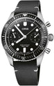 Oris Divers Sixty Five Chronograph Watch with black dial, leather strap, steel case