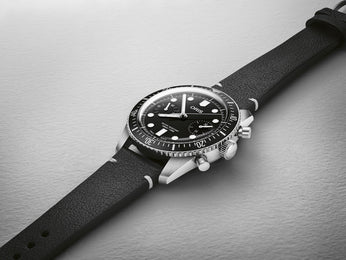 Oris Divers Sixty Five Chronograph Watch with black dial, leather strap, steel case