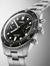 Oris Divers Sixty Five Chronograph Bracelet Watch with black dial, steel bracelet, steel case