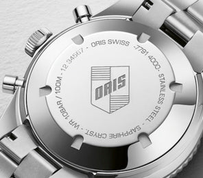 Oris Divers Sixty Five Chronograph Watch with black dial, leather strap, steel case