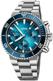 Oris Aquis Chronograph Watch with blue dial, steel bracelet, steel case