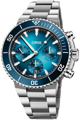 Oris Aquis Chronograph Watch with blue dial, steel bracelet, steel case