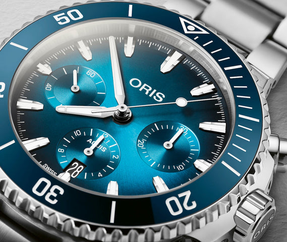 Oris Aquis Chronograph Watch with blue dial, steel bracelet, steel case