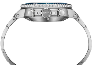 Oris Aquis Chronograph Watch with blue dial, steel bracelet, steel case