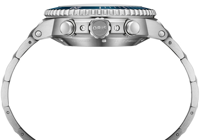 Oris Aquis Chronograph Watch with blue dial, steel bracelet, steel case