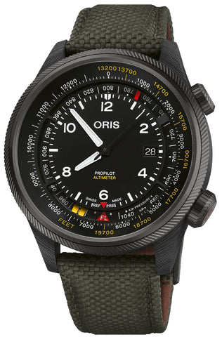 Oris ProPilot Altimeter Feet Watch with black dial, textile strap, titanium pvd case