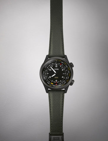 Oris ProPilot Altimeter Feet Watch with black dial, textile strap, titanium pvd case