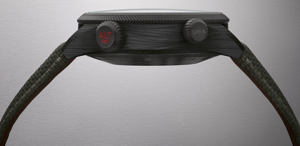 Oris ProPilot Altimeter Feet Watch with black dial, textile strap, titanium pvd case