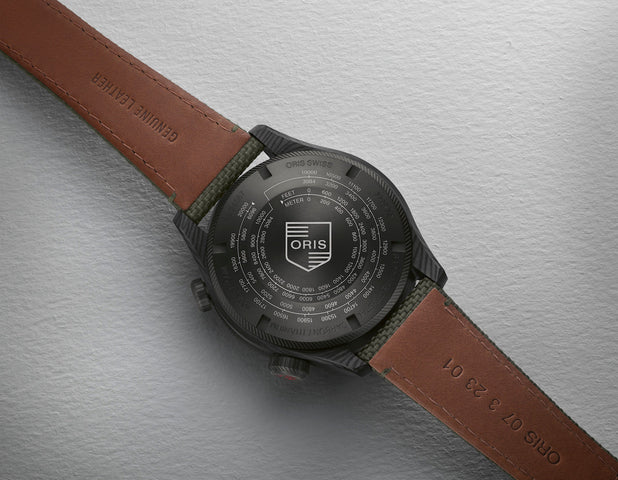 Oris ProPilot Altimeter Feet Watch with black dial, textile strap, titanium pvd case