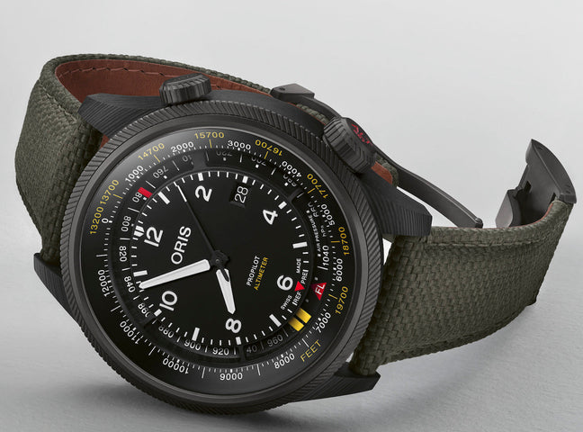 Oris ProPilot Altimeter Feet Watch with black dial, textile strap, titanium pvd case