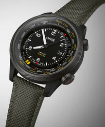 Oris ProPilot Altimeter Feet Watch with black dial, textile strap, titanium pvd case
