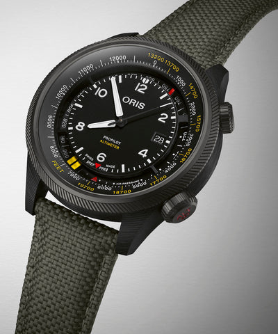 Oris ProPilot Altimeter Feet Watch with black dial, textile strap, titanium pvd case