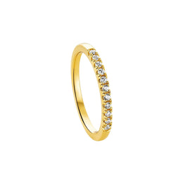 A yellow gold eternity-style ring featuring a row of round-cut clear gemstones set in a prong setting, shown on a clean white background.