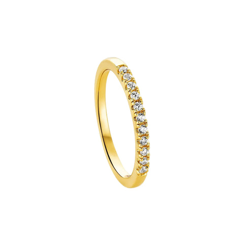 A yellow gold eternity-style ring featuring a row of round-cut clear gemstones set in a prong setting, shown on a clean white background.