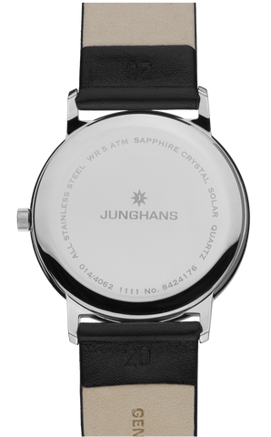 Junghans Milano Solar Watch with black dial, leather strap, steel case