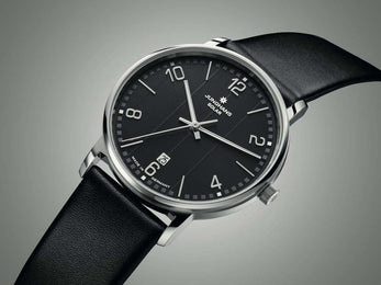 Junghans Milano Solar Watch with black dial, leather strap, steel case