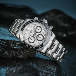 Davosa Watch  Ternos Professional Chronograph White Dial Tri Link Bracelet Watch