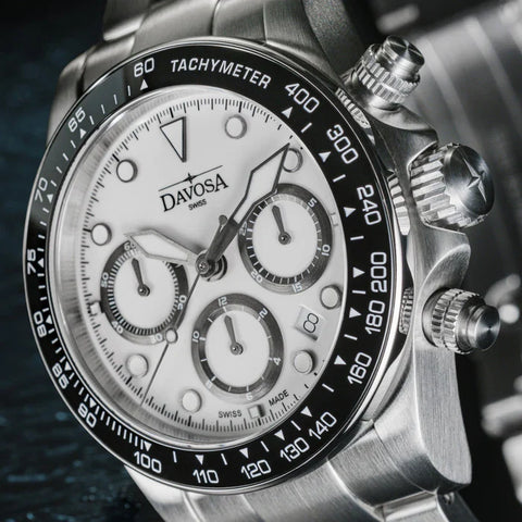 Davosa Watch  Ternos Professional Chronograph White Dial Tri Link Bracelet Watch