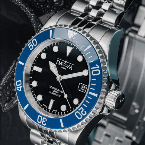 Davosa Watch  Ternos Diver Black and Blue Dial Bezel Penta Link
