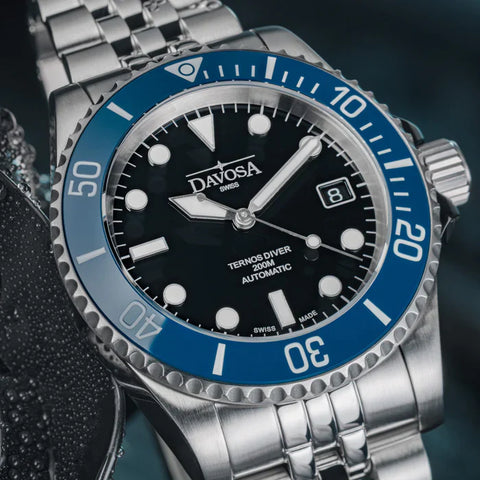 Davosa Watch  Ternos Diver Black and Blue Dial Bezel Penta Link