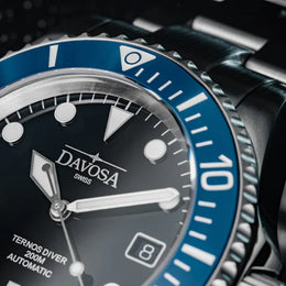 Davosa Watch  Ternos Diver Black and Blue Bezel Tri Link