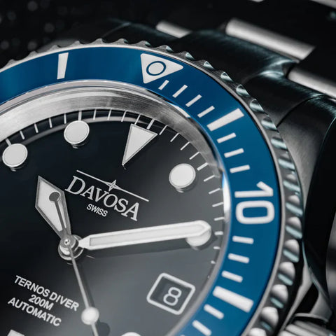 Davosa Watch  Ternos Diver Black and Blue Bezel Tri Link