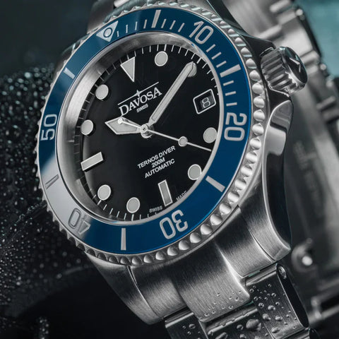 Davosa Watch  Ternos Diver Black and Blue Bezel Tri Link
