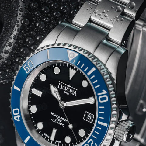 Davosa Watch  Ternos Diver Black and Blue Bezel Tri Link