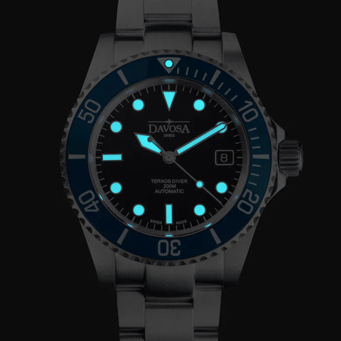 Davosa Watch  Ternos Diver Black and Blue Bezel Tri Link