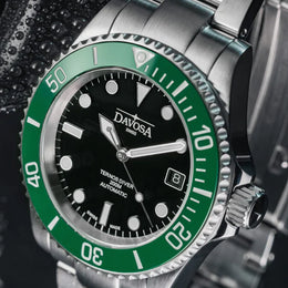 Davosa Watch  Ternos Diver Black and Green Dial Bezel Tri Link