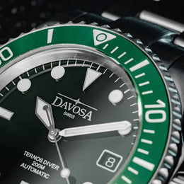 Davosa Watch  Ternos Diver Black and Green Dial Bezel Tri Link