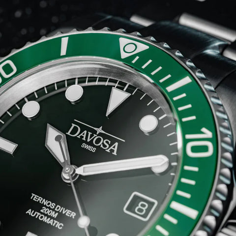 Davosa Watch  Ternos Diver Black and Green Dial Bezel Tri Link