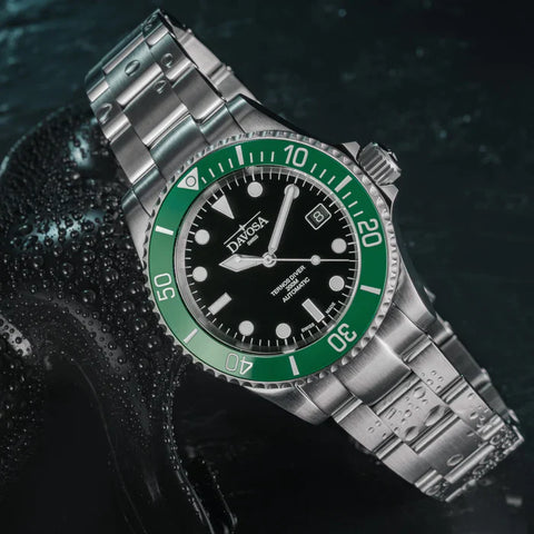 Davosa Watch  Ternos Diver Black and Green Dial Bezel Tri Link
