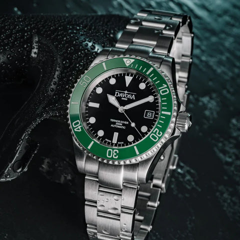 Davosa Watch  Ternos Diver Black and Green Dial Bezel Tri Link