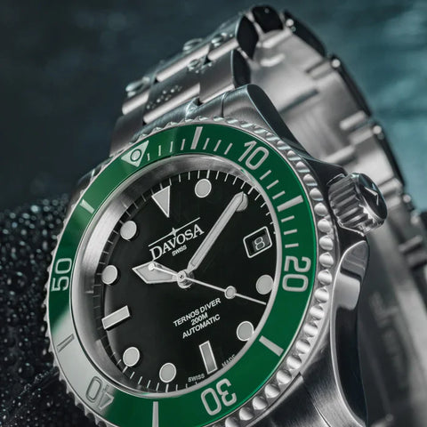 Davosa Watch  Ternos Diver Black and Green Dial Bezel Tri Link