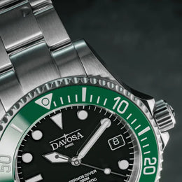 Davosa Watch  Ternos Diver Black and Green Dial Bezel Tri Link