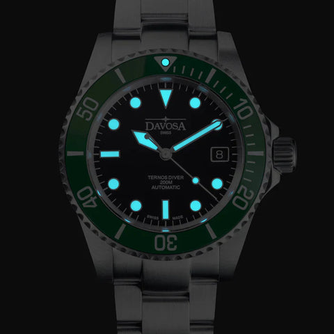Davosa Watch  Ternos Diver Black and Green Dial Bezel Tri Link