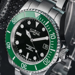 Davosa Ternos Diver Black Dial Green Bezel Tri Link Watch