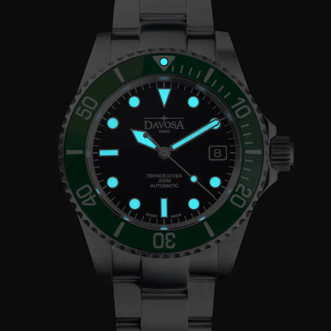 Davosa Ternos Diver Black Dial Green Bezel Tri Link Watch
