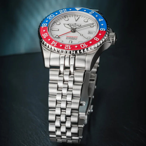 Davosa Ternos GMT Lucent Blue Red Penta Link Strap Watch