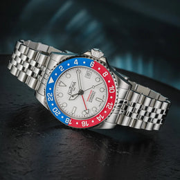 Davosa Ternos GMT Lucent Blue Red Penta Link Strap Watch