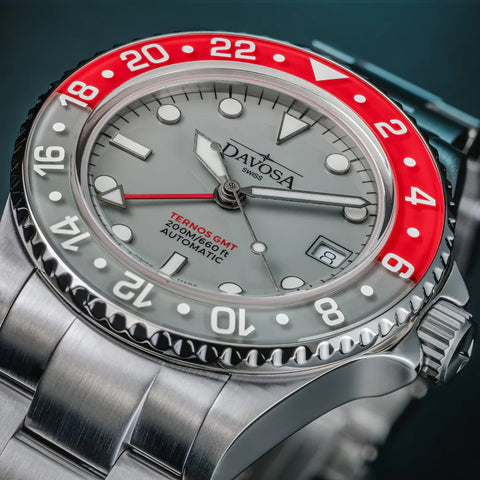 Davosa Ternos GMT Lucent Grey Red TriaLink Bracelet Watch