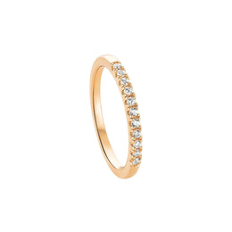 A rose gold eternity ring featuring a row of round-cut clear gemstones set in a polished band, shown on a clean white background with a soft shadow.