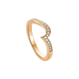 A rose gold ring with a curved, openwork design set with small clear pavé stones along the top and right sides, shown on a clean white background.