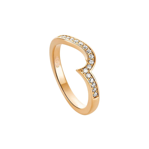 A rose gold ring with a curved, openwork design set with small clear pavé stones along the top and right sides, shown on a clean white background.