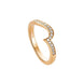 A rose gold ring with a curved, openwork design set with small clear pavé stones along the top and right sides, shown on a clean white background.