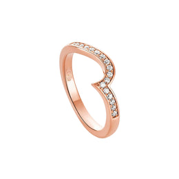 A rose gold ring with a curved, openwork design set with small clear pavé diamonds, shown on a plain white background.